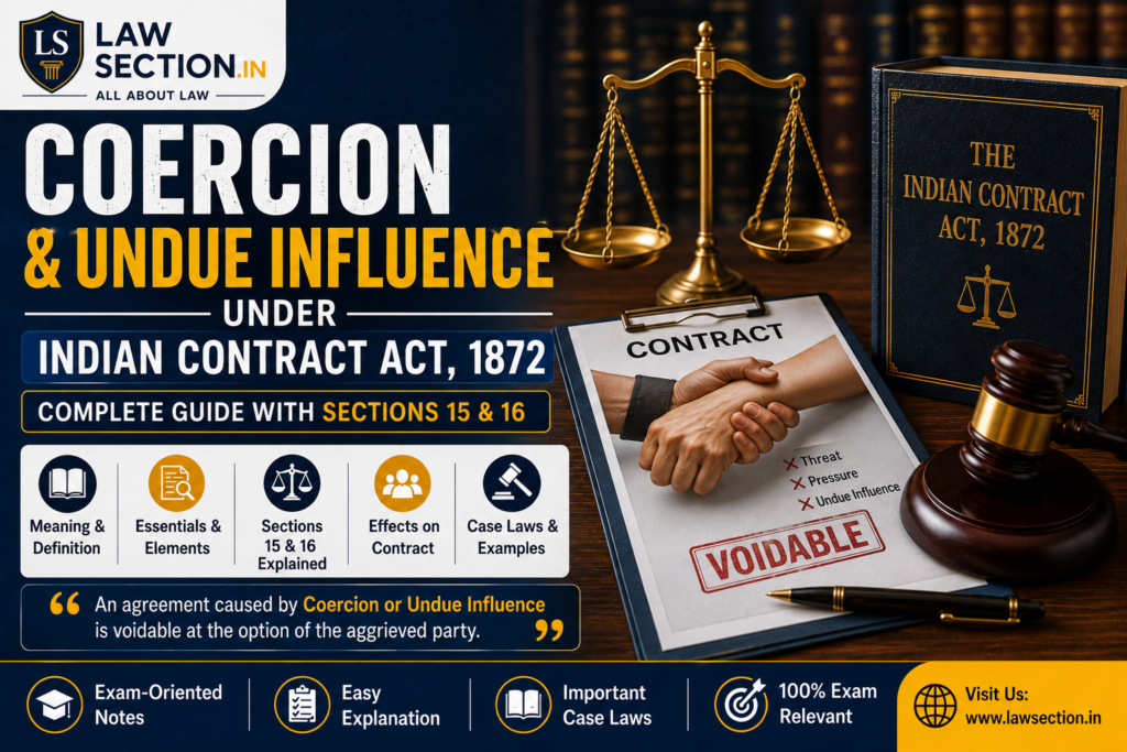 Coercion and Undue Influence under Indian Contract Act (2026): Meaning, Essentials, Differences & Real-Life Examples coercion and undue
